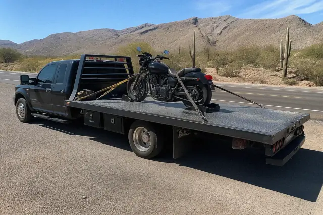 A motorcycle secured with ratchet straps on a flatbed trailer at a highway pull-off in Tucson, AZ.