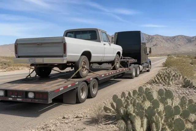 Flatbed transport truck with strapped vehicle parked on a dusty roadside in Tucson, AZ with desert mountains in background.