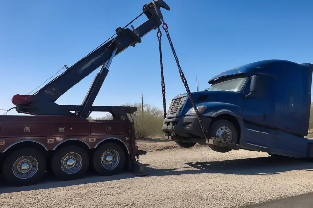 Heavy-duty wrecker truck lifting a commercial semi-truck axle on gravel near creosote bushes in Tucson, AZ.
