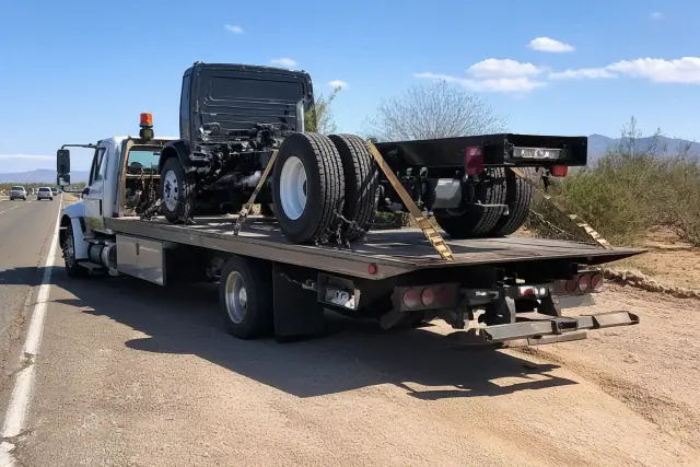 Heavy duty flatbed truck secured with chains and straps on a roadside in Tucson, AZ, surrounded by desert scrub.