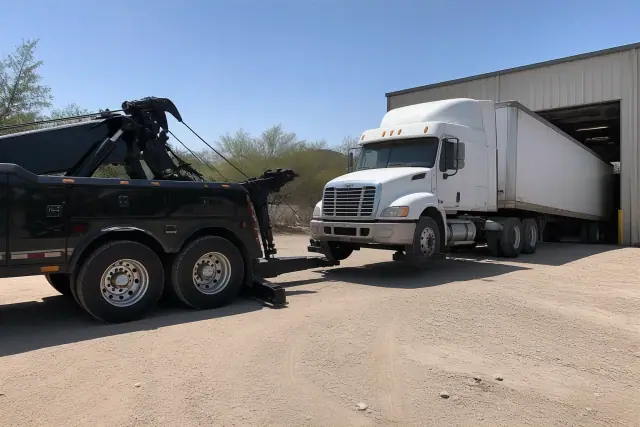 Heavy-duty wrecker truck lifting a commercial semi-truck axle at an industrial loading bay in Tucson, AZ.