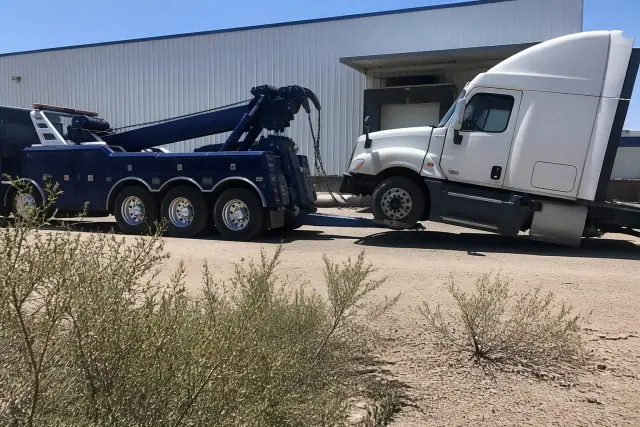 Heavy-duty wrecker truck lifting a commercial semi-truck at an industrial loading dock in Drexel Heights, AZ.