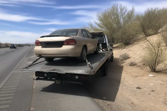 Flatbed tow truck with a disabled sedan on the side of a highway in Tucson, AZ.