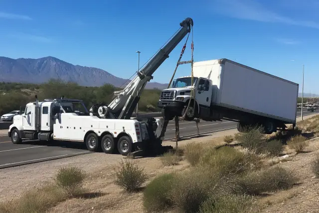 Heavy-duty wrecker truck lifting a commercial vehicle on a highway shoulder in Sahuarita, AZ with desert mountains.