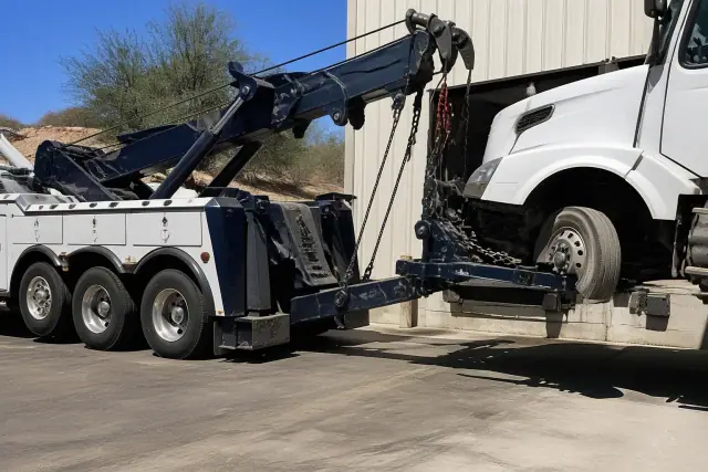 Heavy-duty wrecker truck lifting a semi-truck front axle at an industrial loading dock in Casas Adobes, AZ.