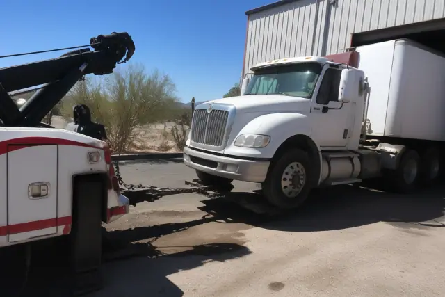 Heavy-duty wrecker truck lifting a commercial semi-truck at an industrial loading bay in Tucson, AZ.