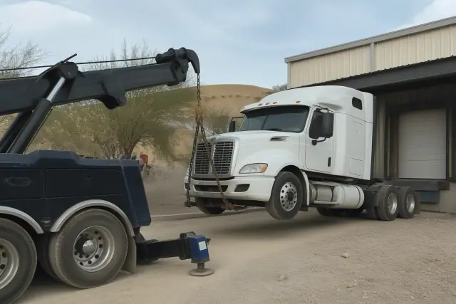 Heavy-duty wrecker truck lifting a commercial semi-truck at an industrial loading dock in Flowing Wells, AZ.