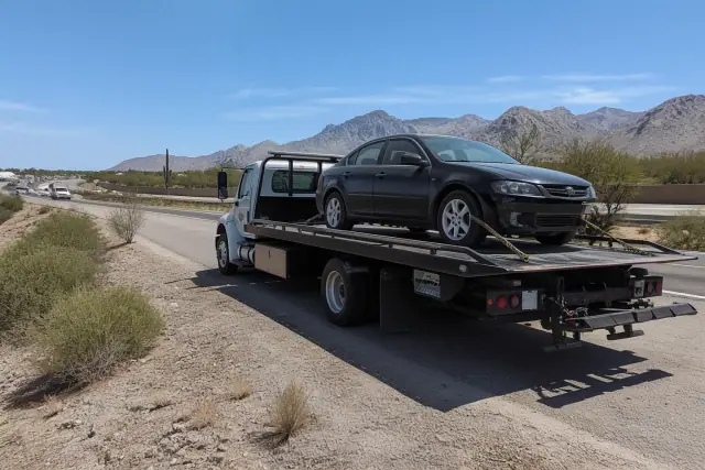 Flatbed tow truck with a disabled sedan secured on the side of a highway in Catalina Foothills, AZ.