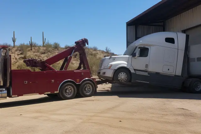 Heavy-duty wrecker truck lifting a commercial semi-truck at an industrial loading bay in Tanque Verde, AZ.