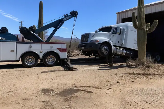Heavy-duty wrecker truck lifting a commercial semi-truck at an industrial loading bay in Tucson, AZ.