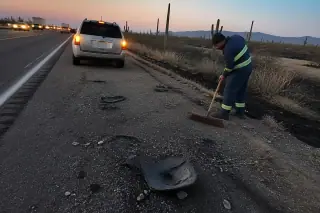 Technician clearing debris from a gravel highway shoulder after a tow service in Tucson, AZ.