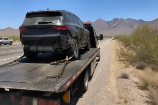 Heavy duty vehicle secured with chains on a flatbed tow truck along a desert highway in Tucson, AZ.