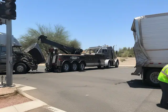 Heavy-duty recovery truck at an intersection during a vehicle accident cleanup in Tucson, AZ.