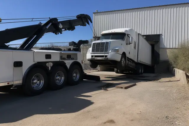 A heavy-duty wrecker truck winching a commercial semi-truck at an industrial loading dock in Tucson, AZ.
