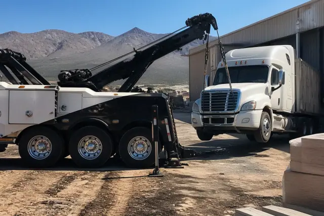 Heavy-duty wrecker lifting the front axle of a semi-truck at an industrial site in Tucson, AZ.