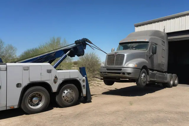 Heavy-duty wrecker truck lifting a semi-truck at an industrial loading bay in Tucson, AZ.