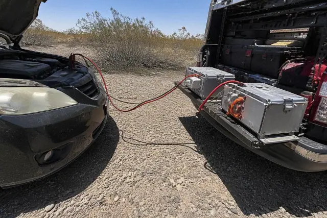 Technician using a hybrid battery pack to jump-start a sedan in a gravel lot in Tucson, AZ.