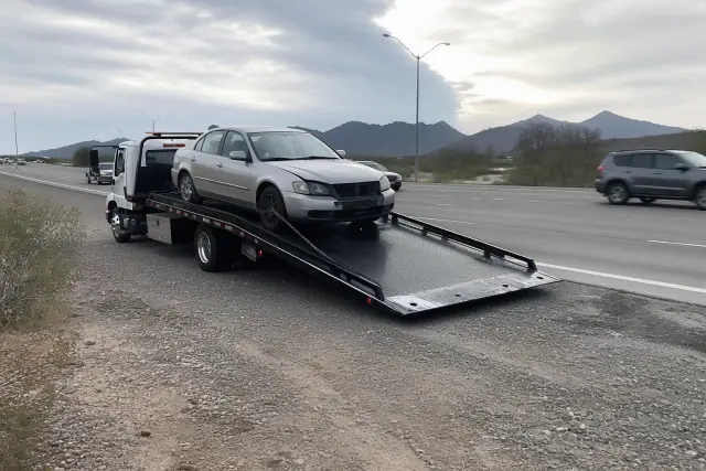 Flatbed truck with a secured disabled sedan on a roadside in Tucson, AZ with mountain silhouettes in the distance.
