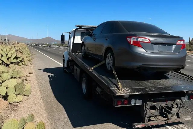 Hydraulic flatbed truck towing a disabled sedan on the shoulder of a highway in Tucson, AZ.