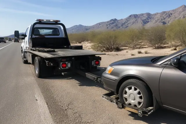 Hydraulic wheel-lift towing a disabled vehicle on a roadside in Tucson, AZ with desert mountains in the background.