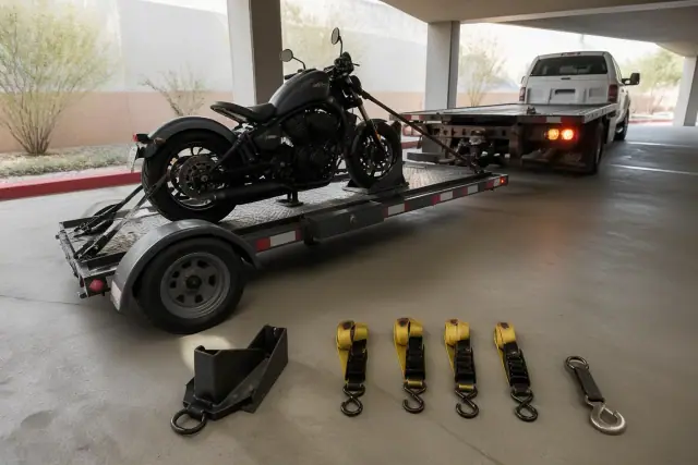 Tow truck and motorcycle in a concrete parking structure with tie-down straps and gear in Tucson, AZ.