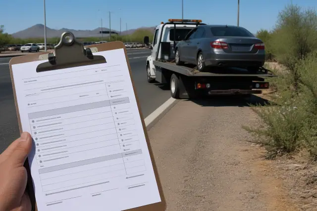 A tow truck with a disabled sedan on a busy road in Tucson, AZ, next to an itemized invoice on a clipboard.