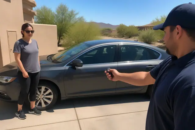 Technician testing a keyless fob signal near a locked sedan in a Tucson, AZ driveway with desert landscaping.