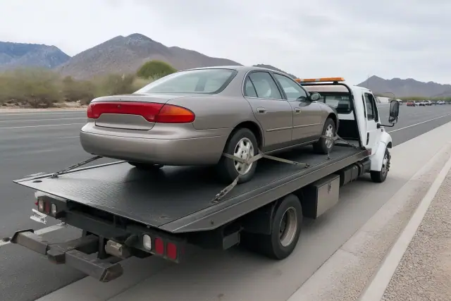 Flatbed tow truck with a secured sedan on a roadside in Tucson, AZ, with desert mountains in the background.