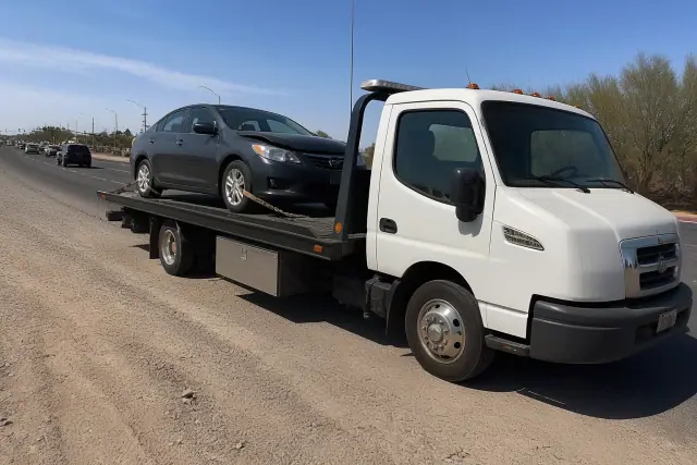 Flatbed tow truck with a disabled sedan secured on the side of a road in Sahuarita, AZ.
