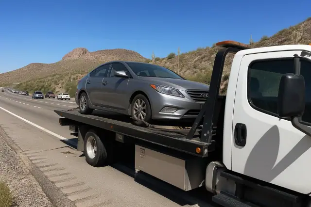 Flatbed tow truck with a secured disabled sedan on a highway shoulder in Catalina Foothills, AZ.