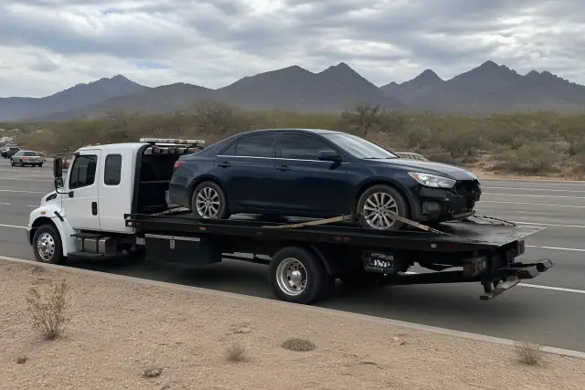 Light duty towing of a disabled sedan on a flatbed truck along a busy road in Marana, AZ with desert mountains.