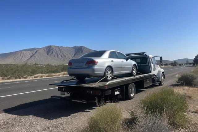Flatbed tow truck with a disabled sedan on a highway shoulder in Drexel Heights, AZ, surrounded by desert scrub.