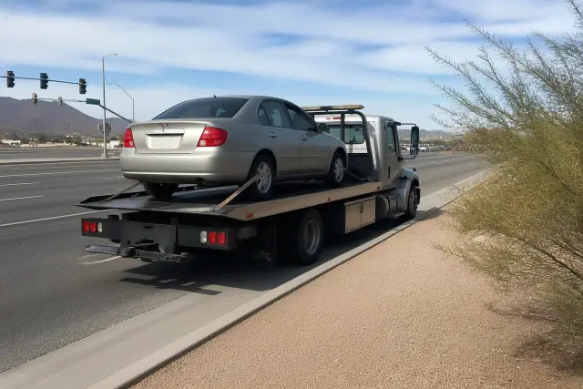 Flatbed tow truck with a disabled sedan on a roadside in Tucson, AZ, with desert mountains in the background.