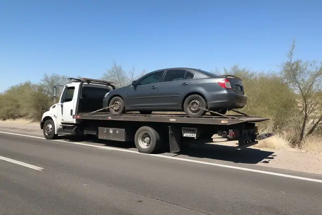 Flatbed tow truck carrying a disabled sedan on the shoulder of a road in Flowing Wells, AZ.