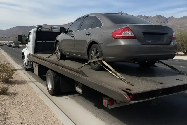 A flatbed truck transporting a secured sedan on a roadside in Tucson, AZ with desert mountains in the background.