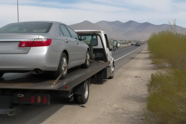 Flatbed tow truck loading a disabled sedan on a highway shoulder with desert mountains in the background in Tucson, AZ.