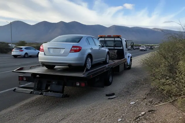 Flatbed tow truck loading a disabled sedan on a roadside in Tucson, AZ with desert mountains in the background.
