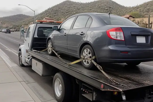 A flatbed tow truck hauling a secured sedan on a roadside in Casas Adobes, AZ, with desert foothills in the background.