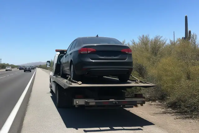 Flatbed tow truck with a secured sedan on a desert highway shoulder in Tanque Verde, AZ.