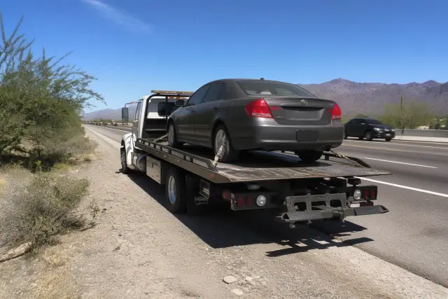 Flatbed tow truck with a secured sedan on the side of a highway in Vail, AZ with desert mountains in the background.