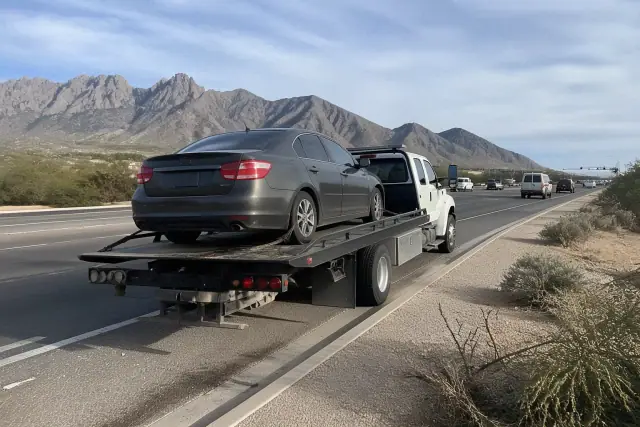 A flatbed tow truck carrying a disabled sedan on the side of a road in Oro Valley, AZ, with Catalina mountains behind.