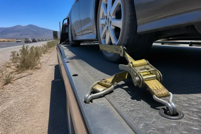 Flatbed tow truck securing a disabled sedan on a highway shoulder in Green Valley, AZ.