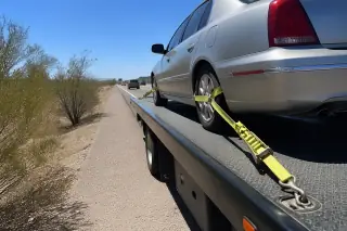 Yellow tie-down straps securing a vehicle to a flatbed tow truck on a gravel shoulder in Tucson, AZ.
