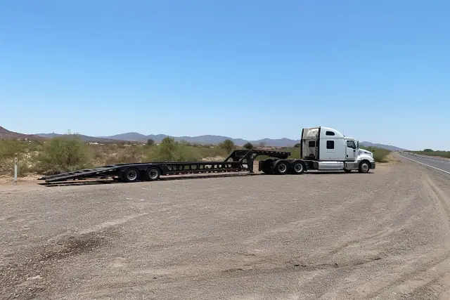 A heavy-duty truck with a long-distance transport trailer parked on a dusty roadside in Tucson, AZ.