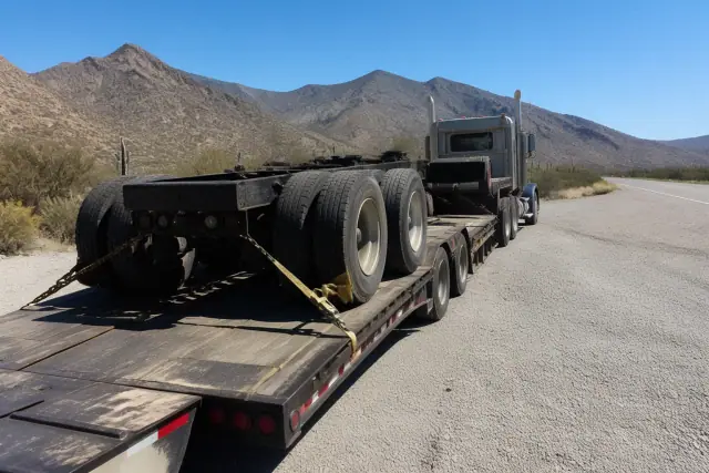 Heavy-duty truck towing a transport trailer at a highway pull-off in Tanque Verde, AZ.