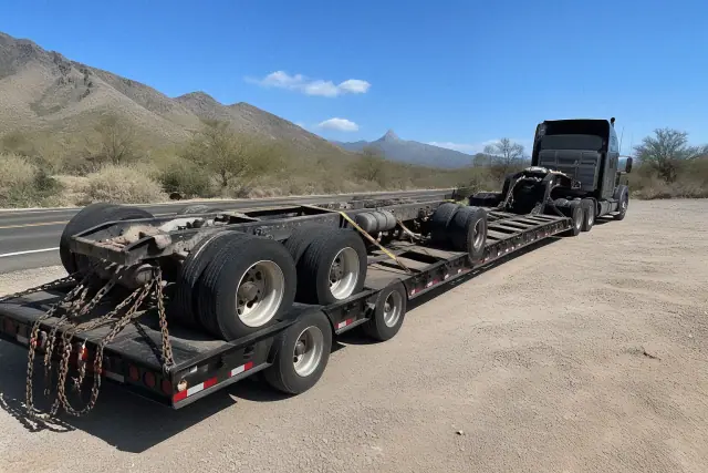 Heavy-duty tow truck with a long-distance trailer secured by chains in a desert pull-off in Drexel Heights, AZ.