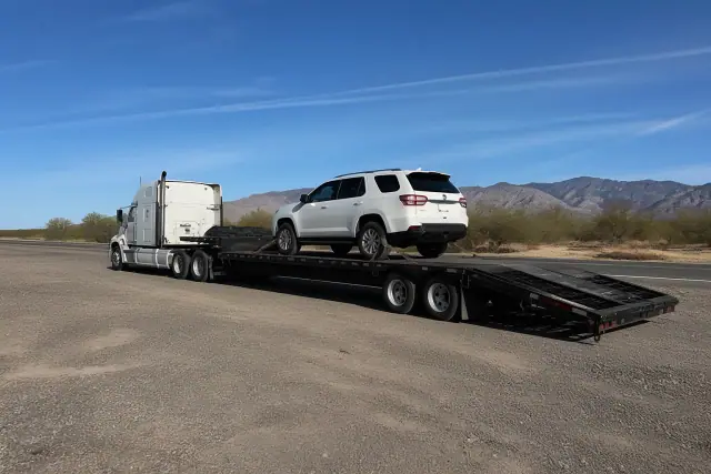 Heavy-duty truck towing a vehicle on a trailer in a roadside pull-off in Sahuarita, AZ, with desert mountains in view.
