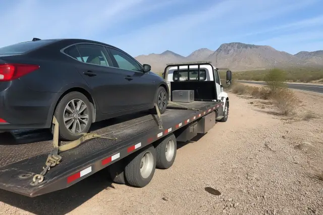 A heavy-duty truck with a loaded transport trailer parked near a roadway in Green Valley, AZ.