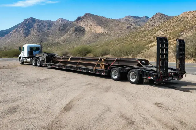 Heavy-duty truck towing a transport trailer at a highway pull-off in Catalina Foothills, AZ, with mountain backdrops.