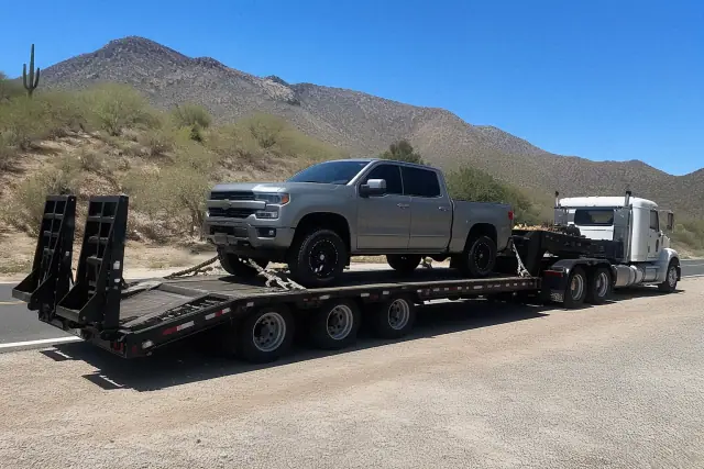 A vehicle secured on a transport trailer towed by a heavy-duty truck in the Sonoran Desert, Casas Adobes, AZ.